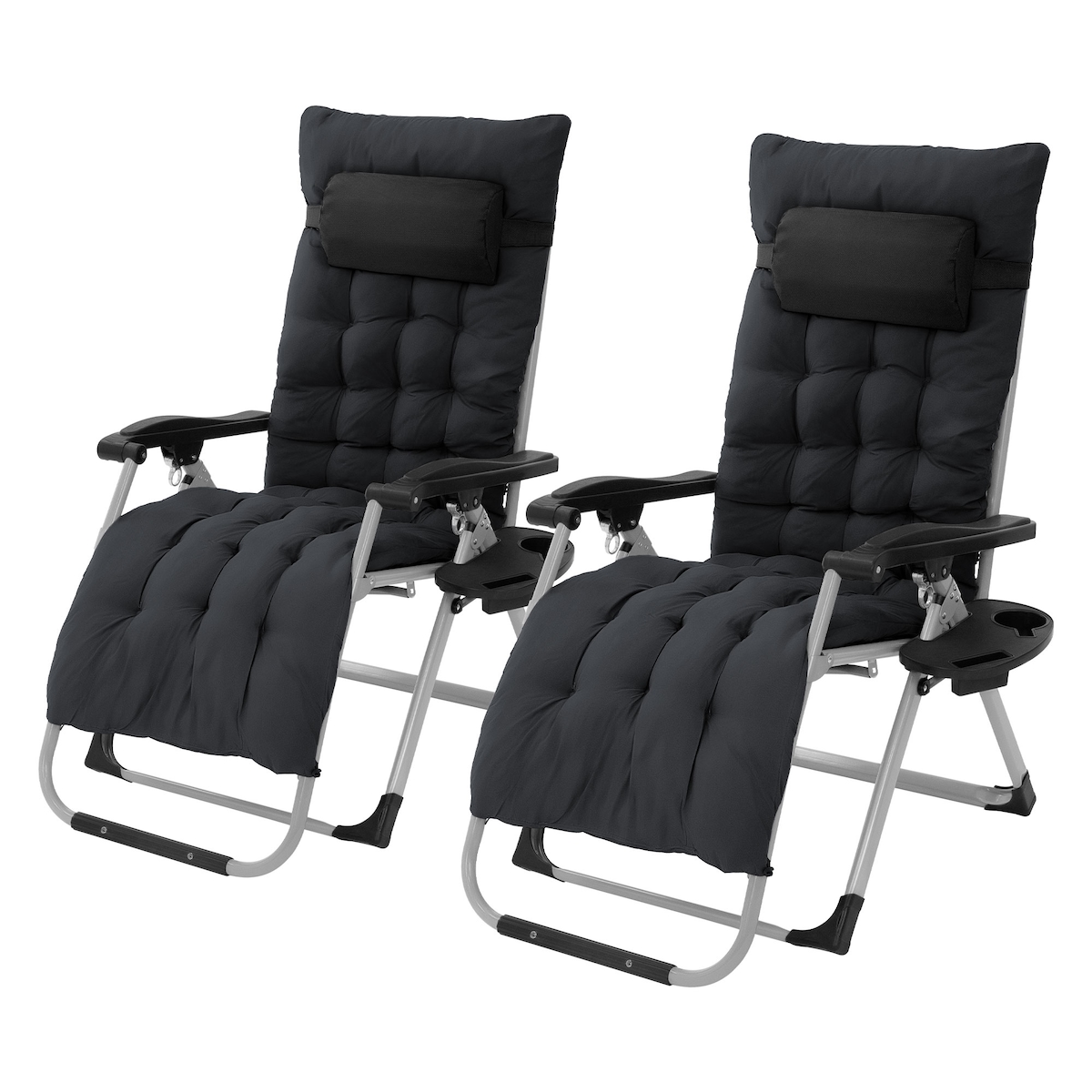 Hauki Sonnenliege 2er Set, Schwarz, klappbar & gepolstert mit Nackenkissen & Getränkehalter, wetterfeste Gartenliege, Zero Gravity Stuhl für Outdoor &