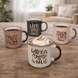 thumbnail of 4er Set XL Kaffeebecher 700ml Jumbobecher Steingut Sprüche Rosa Braun Grau
