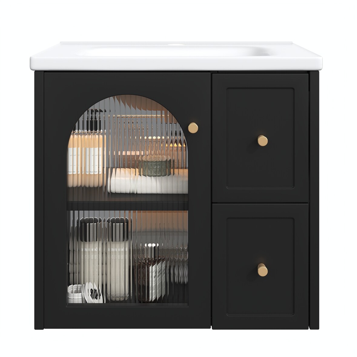Wandmontierter Badschrank aus MDF in Schwarz, 60,5x47,5x57 cm, mit Keramikbecken, LED-Innenbeleuchtung und Soft-Close