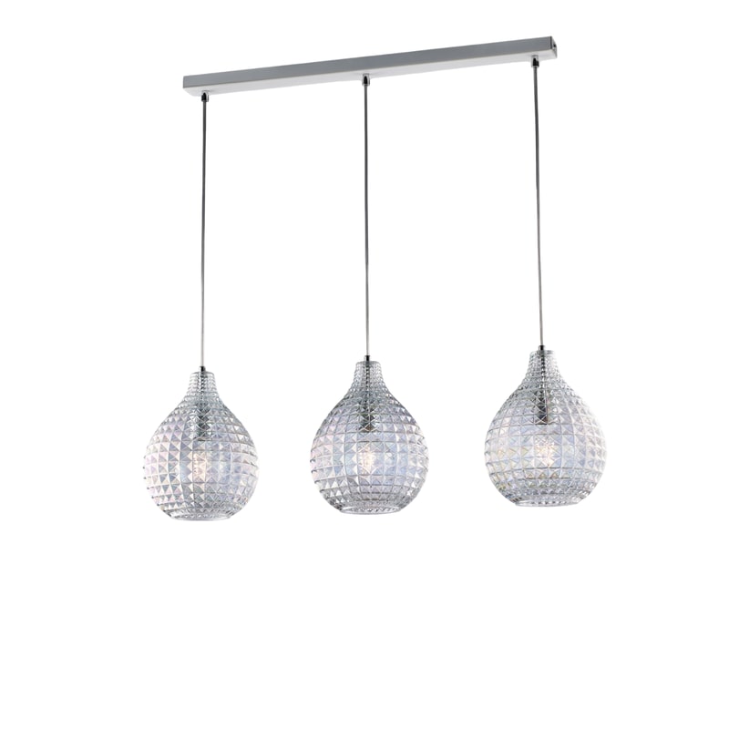 Diamante Calha em ferro branco e moldura cromada com cabos reguláveis ​​e difusores em vidro soprado transparente com dec. 3 efeitos de cristal de luz