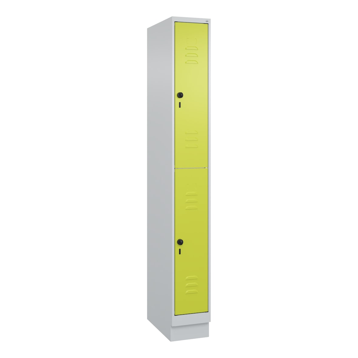 C+P Spind Classic PLUS, Sockel, 2 Abteile, HxBxT 195x25x50cm, Sicherheitsdrehriegel, Hellgrau/Clowngrün von PROREGAL