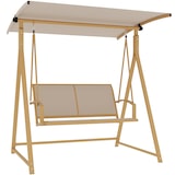 thumbnail of Gartenschaukel für zwei Personen mit verstellbarem Sonnendach und dreieckigem Metallgestell, Belastbarkeit 220 kg, 160 x 112 x 162 cm, khaki