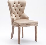 thumbnail of Polsterstuhl Esszimmerstuhl Samt Beige 95x64x54 cm mit verstellbaren Massivholzbeinen Türklopfer Ziernägel elegantes Design