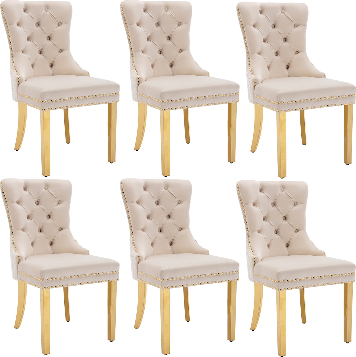 Merax Silla de Comedor Juego de 6 Sillas de salón 6 Piezas Silla tapizada Patas de Apoyo de Acero Inoxidable Chapado en Oro Terciopelo Beige