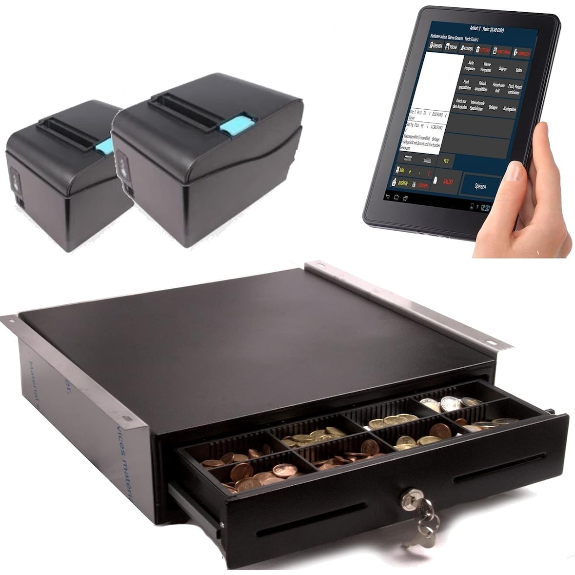 Mobiles Kassensystem für GASTRONOMIE: 7" Bedienerterminal, 2xBondrucker, Geldlade mit Montagehalterung