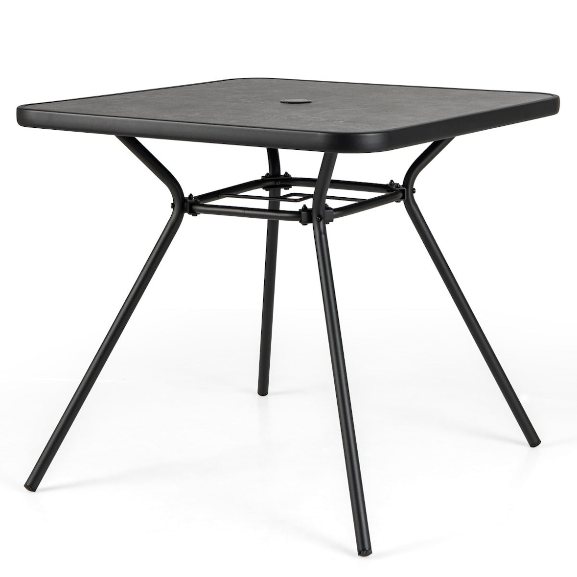 Helloshop26 - Mesa de jardín cuadrada 80 x 80 x 72,5 cm con orificio para sombrilla y estructura robusta de metal negro 20_0013990