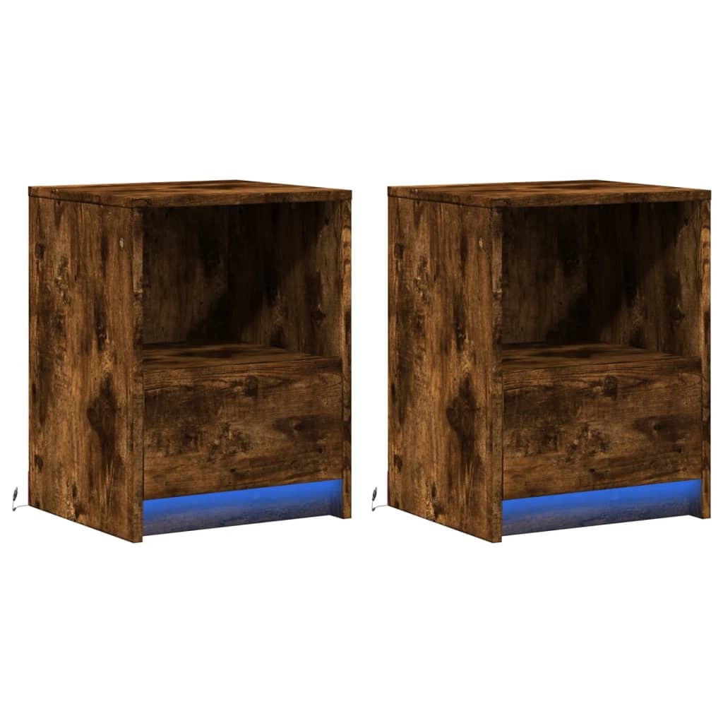 Armoires de chevet et lumières LED 2 pcs chêne fumé – Modèle Aubade