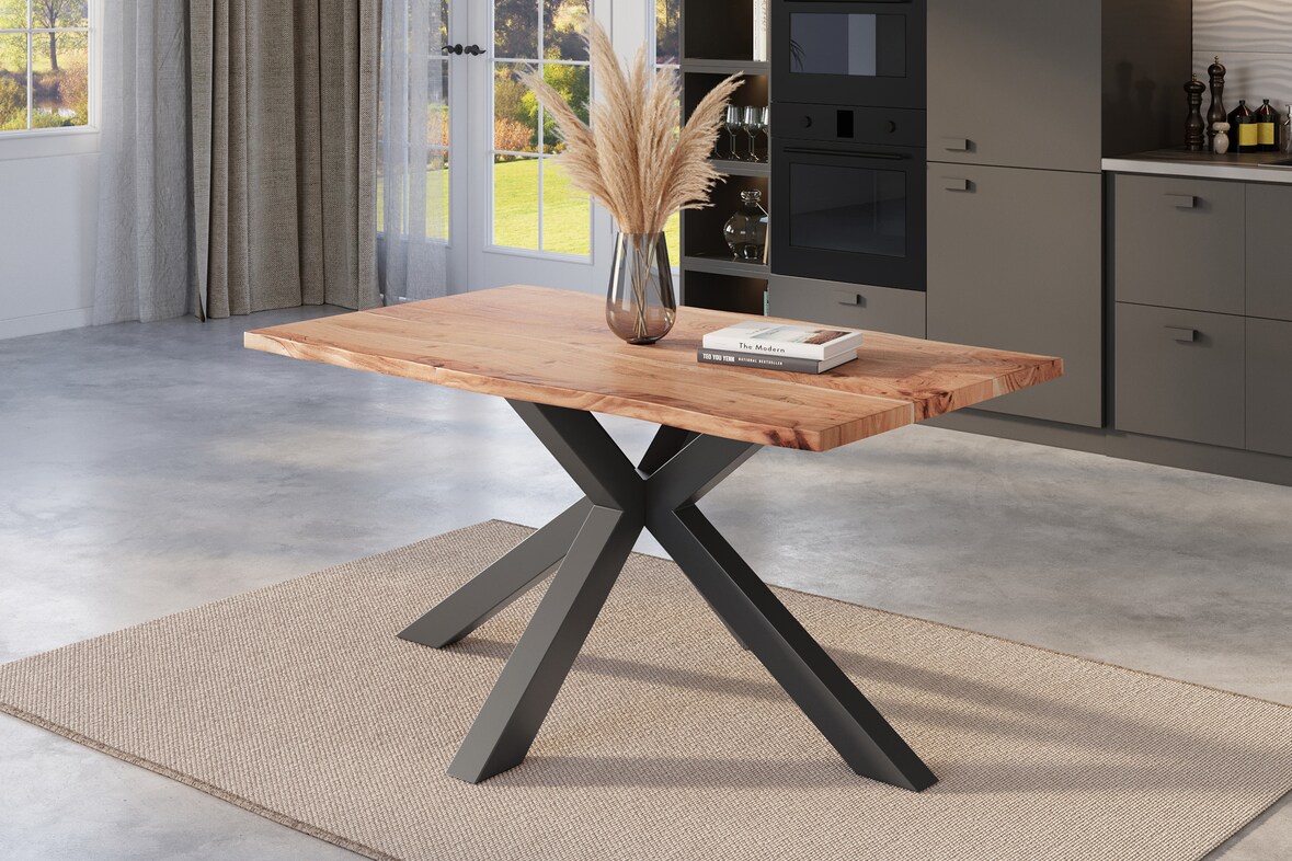 Esstisch Baumkante massiv Akazie natur 120 x 80 cm Spider-Gestell schwarz KALEA