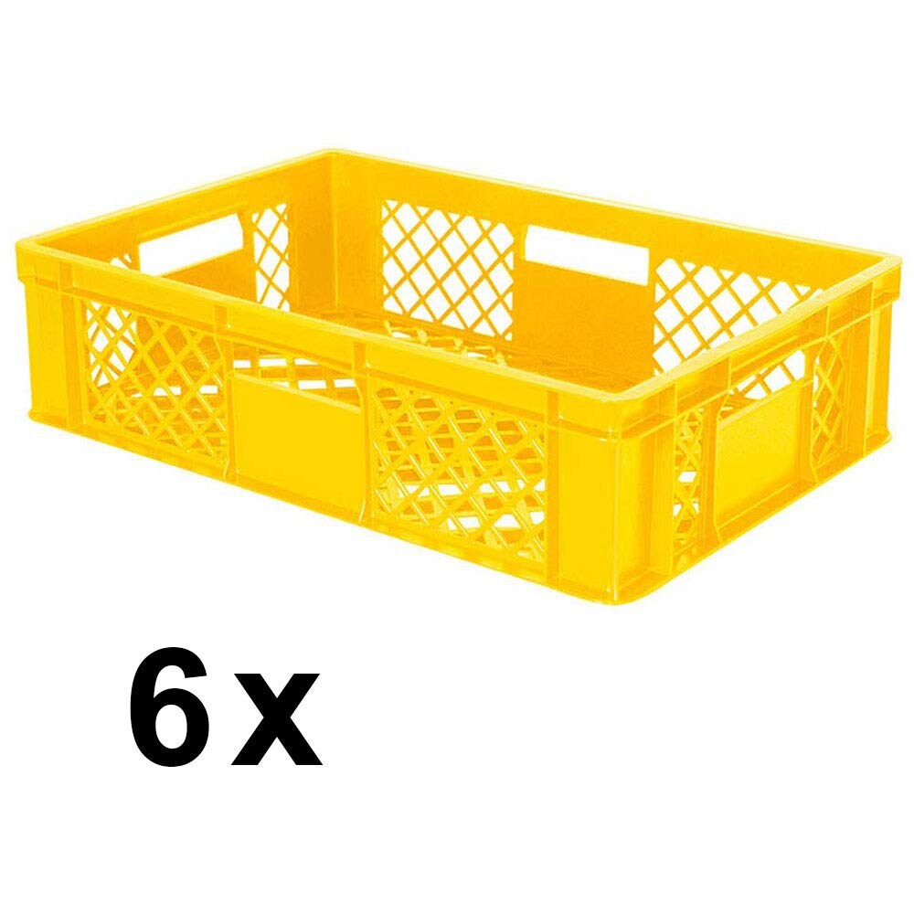 6x Eurobehälter durchbrochen/Stapelkorb, PE-HD gelb, Industriequalität, lebensmittelecht, LxBxH 600 x 400 x 150 mm