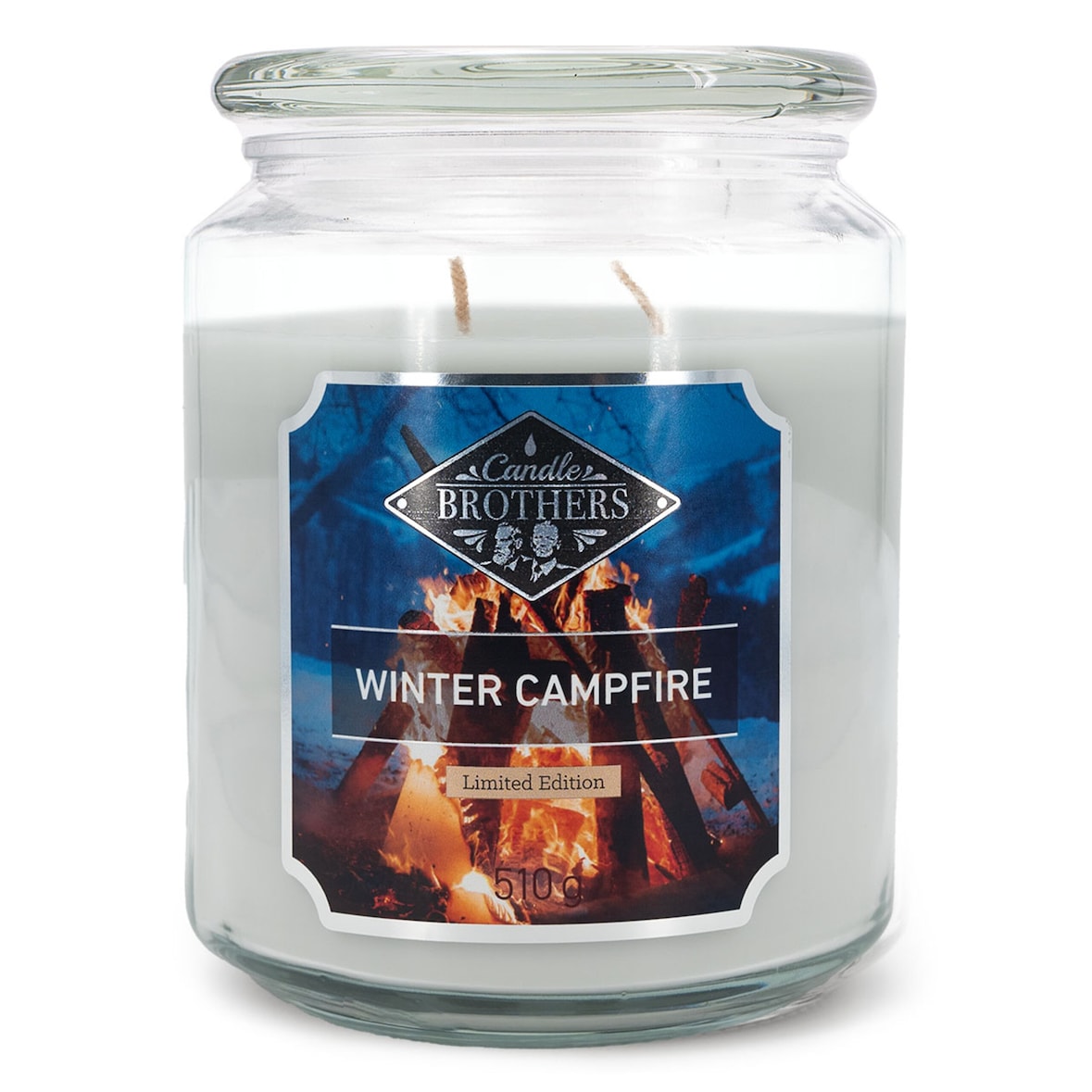 Winter Campfire Duftkerze Candle Brothers, Kerze im Glas, 2 Dochte, 510g, 100h Brenndauer, Raumduftkerze