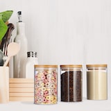 thumbnail of Relaxdays Vorratsdosen Glas, 3er Set, für Pasta, Reis, Müsli, Kaffeebohnen, Volumen 800 ml, HxD 16x9,5 cm, Bambus, natur