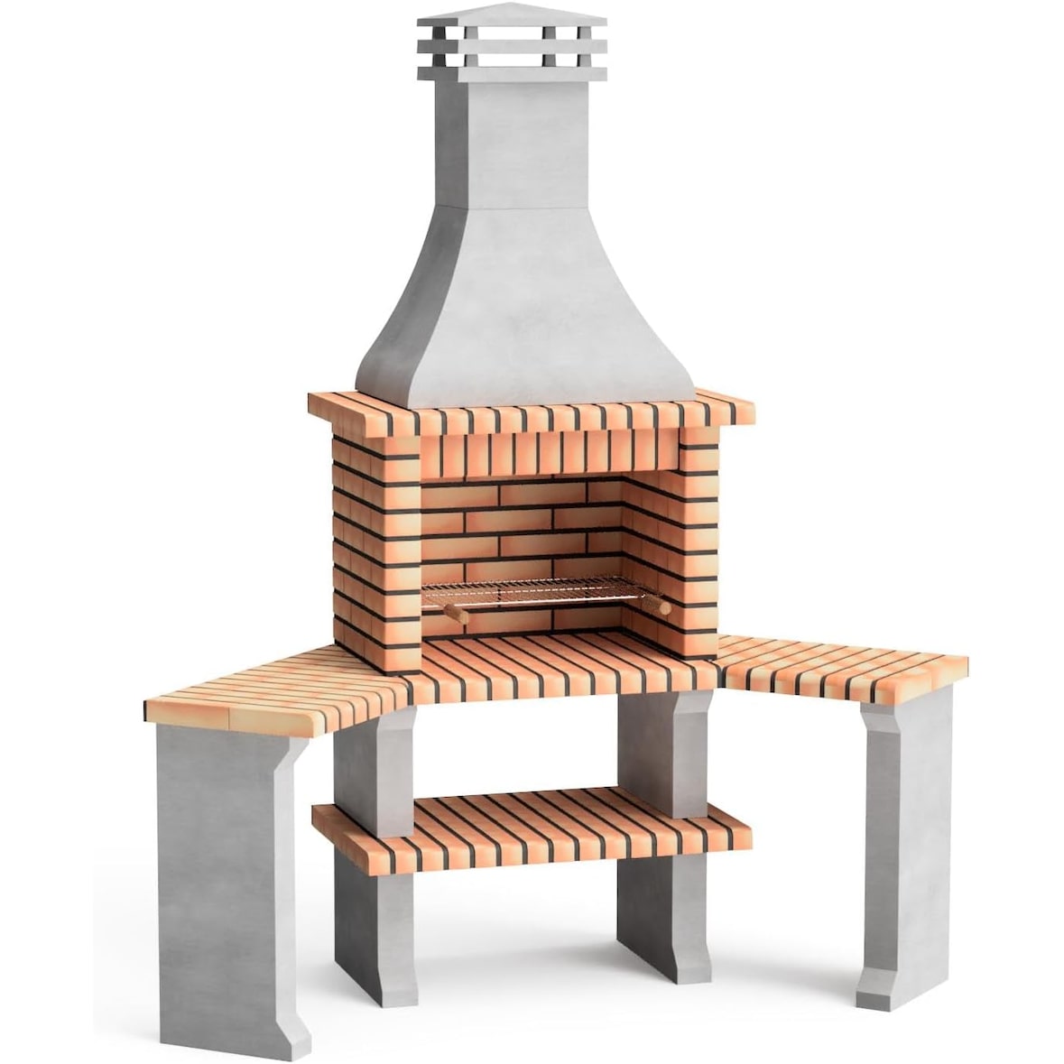 MF - Barbecue in muratura Roma con 2 tavoli laterali angolari (grigio, arancione) per legna e carbonella - 160x58x240 cm - RIF: 3800 - Uso esterno