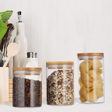 thumbnail of Relaxdays Vorratsdosen Glas, 3er Set, Größen 500, 700, 1000 ml, für Pasta, Reis, Müsli, Kaffee, D 9,5 cm, Bambus, natur