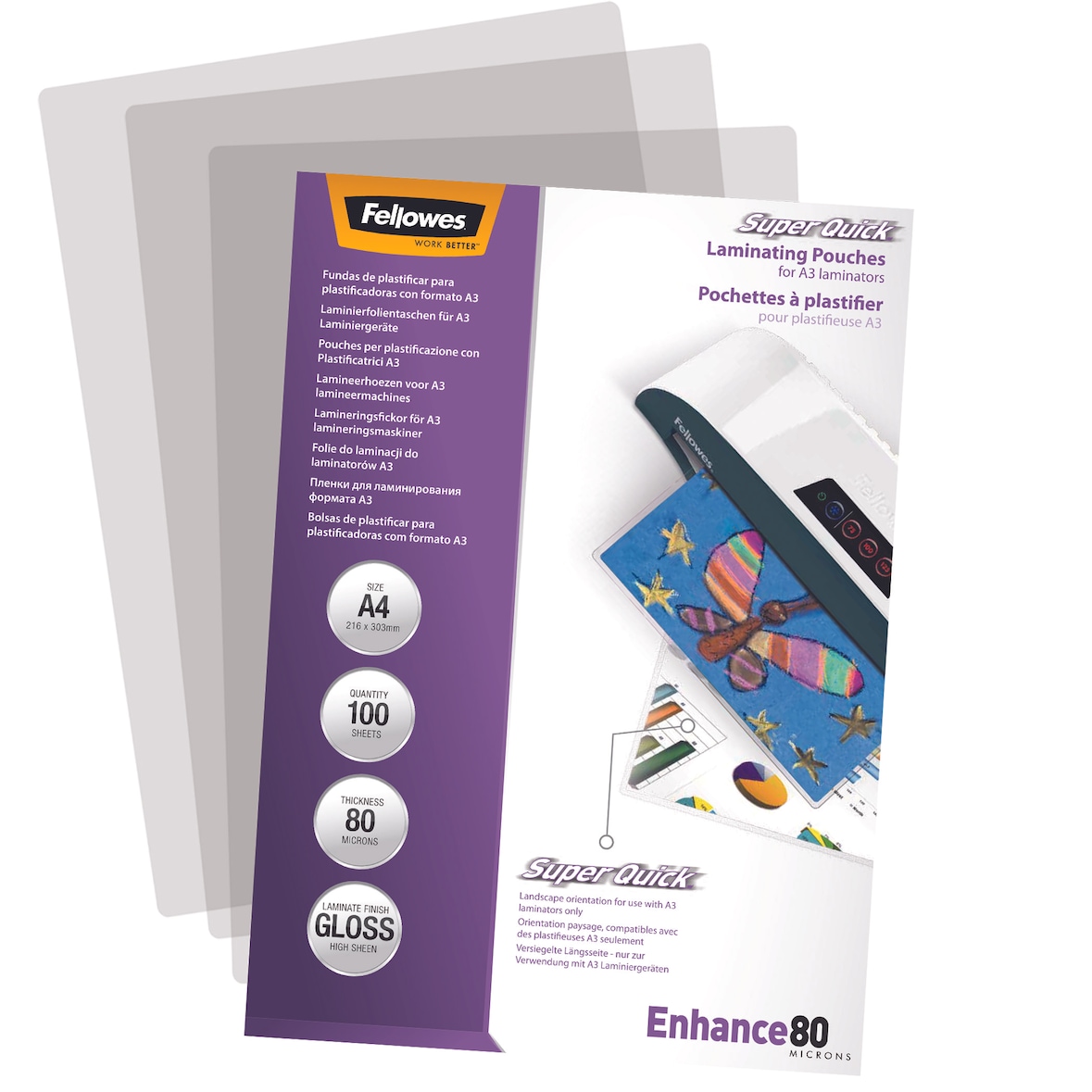 Fellowes 100 Fundas Plastificar Premium Alta Velocidad 80 micras Brillo A4 Alta Velocidad, un 30% más rápidas, acabado de alta calidad