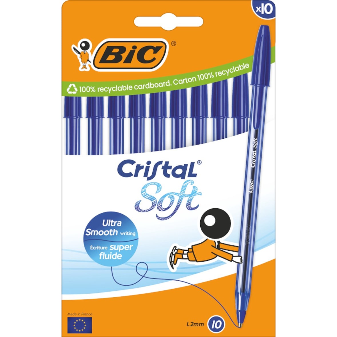 BIC Cristal Soft Penne a Sfera Blu Punta Media 1,2 mm Confezione 10 Pezzi