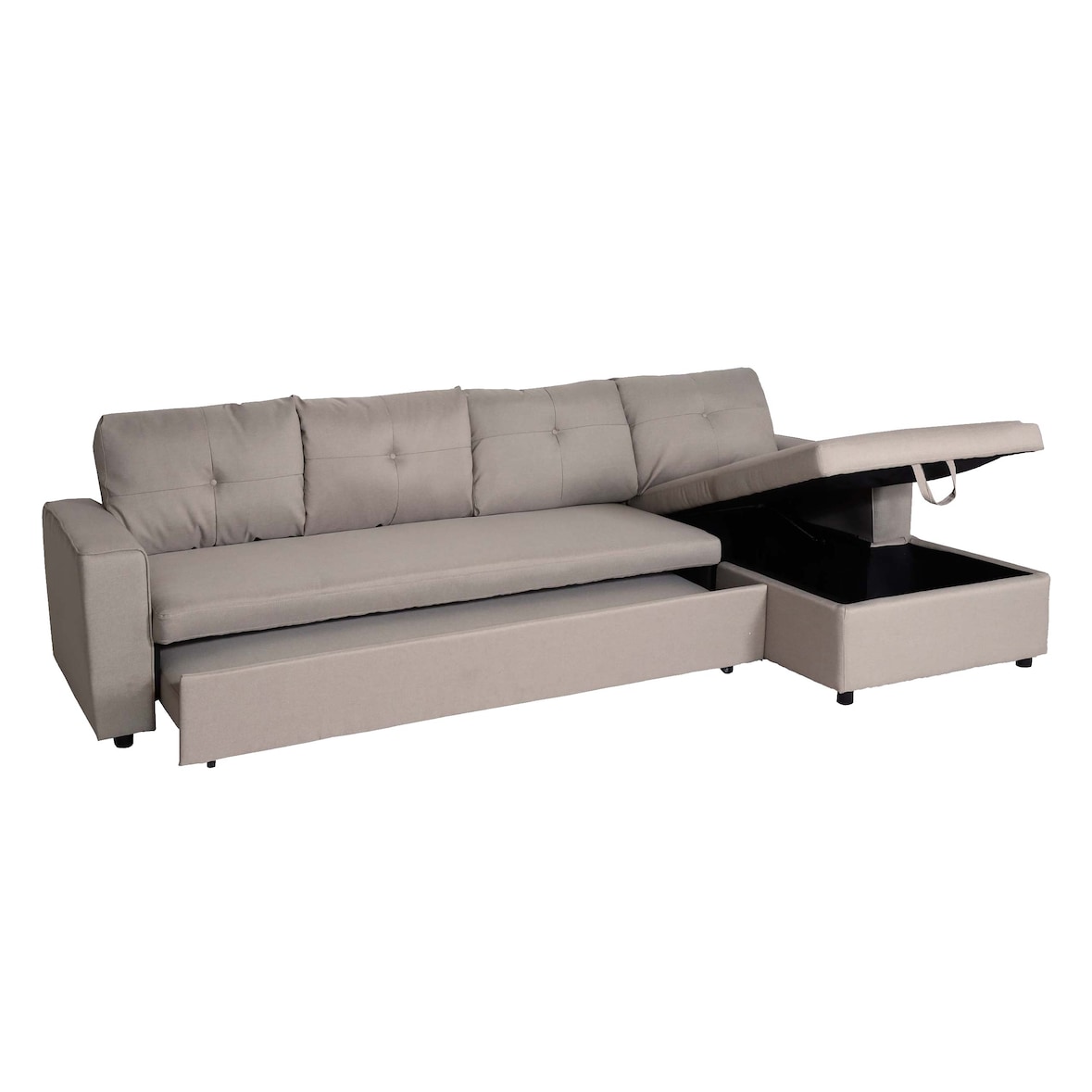 Ecksofa mit Bettkasten HWC-L16, Couch Sofa L-Form, Liegefläche links/rechts Nosagfederung Stoff/Textil 290cm ~ beige