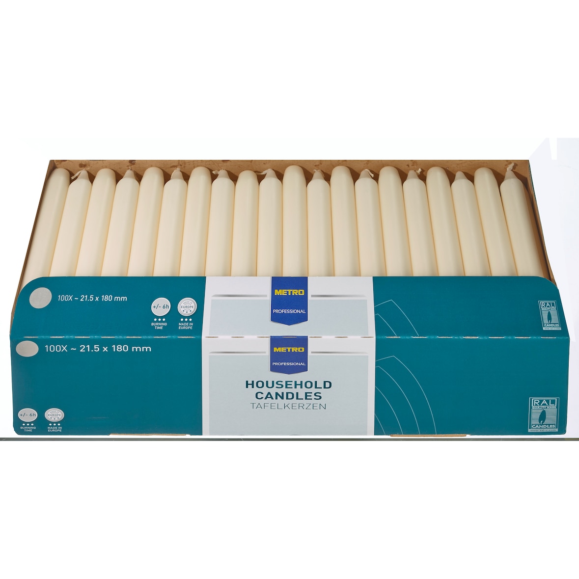 METRO PROFESSIONAL Velas de mesa, parafina, 2.15 x 18 cm, tiempo de combustión 6 horas, beige claro, 100 unidades