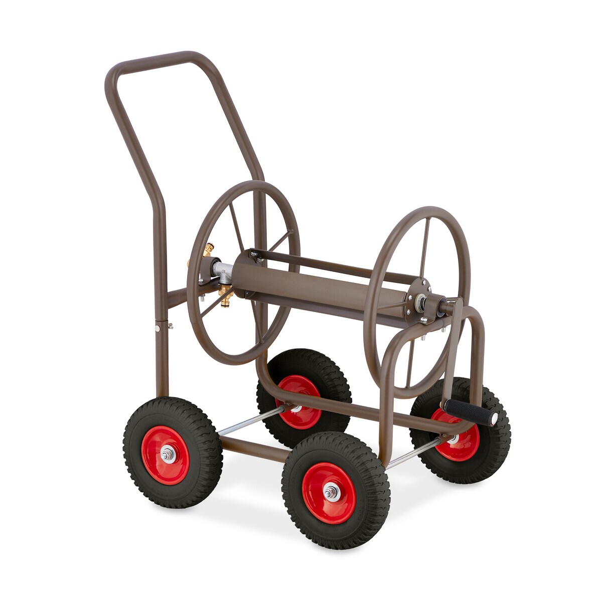 Relaxdays Schlauchwagen, bis 60 m, 4 Vollgummireifen, Klickkupplung, Schlauchtrommel Metall, Schlauchabroller, braun