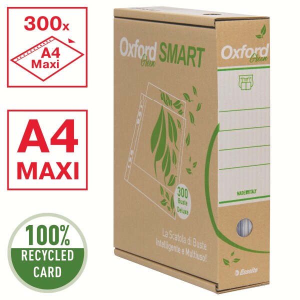 ESSELTE OXFORD SMART GREEN, 3 Scatole multiuso da 300 (6x50) Buste perforate Deluxe Antiriflesso 100% Riciclate, Formato 22x30, trasparente, 397850504