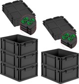 thumbnail of PROREGAL SparSet 5x Eurobox NextGen Grip mit Auflagedeckel & 4 grünen Verschlüssen, HxBxT 17x30x40cm, 16L, Schwarz, Griffe zu, Eurobehälter