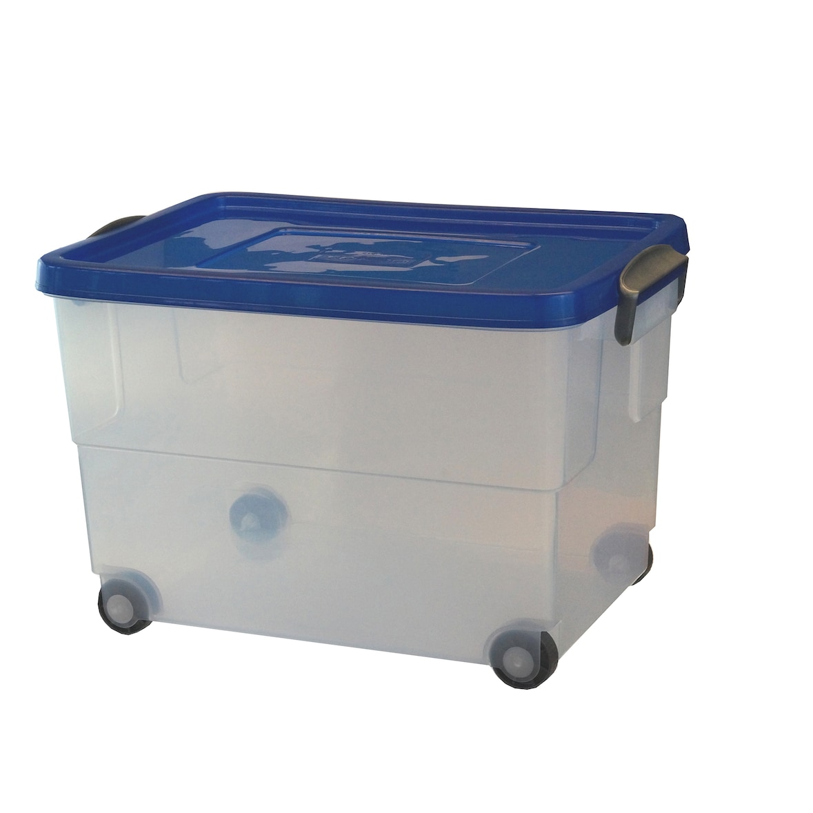 Caja transparente Eurobox 60 litros con ruedas y tapa azul.
