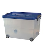 thumbnail of Caja transparente Eurobox 60 litros con ruedas y tapa azul.
