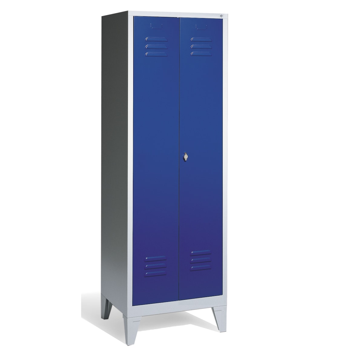 C+P Spind Classic mit Füßen | 2 Abteile mit verkürzte Mitteltrennwand & 4 Fachböden | HxBxT 185x30x50cm | Lichtgrau/Enzianblau von PROREGAL
