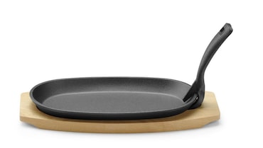 HENDI Gietijzeren schaal met houten onderlegger en greep, Zwart, 280x140x(H)30mm