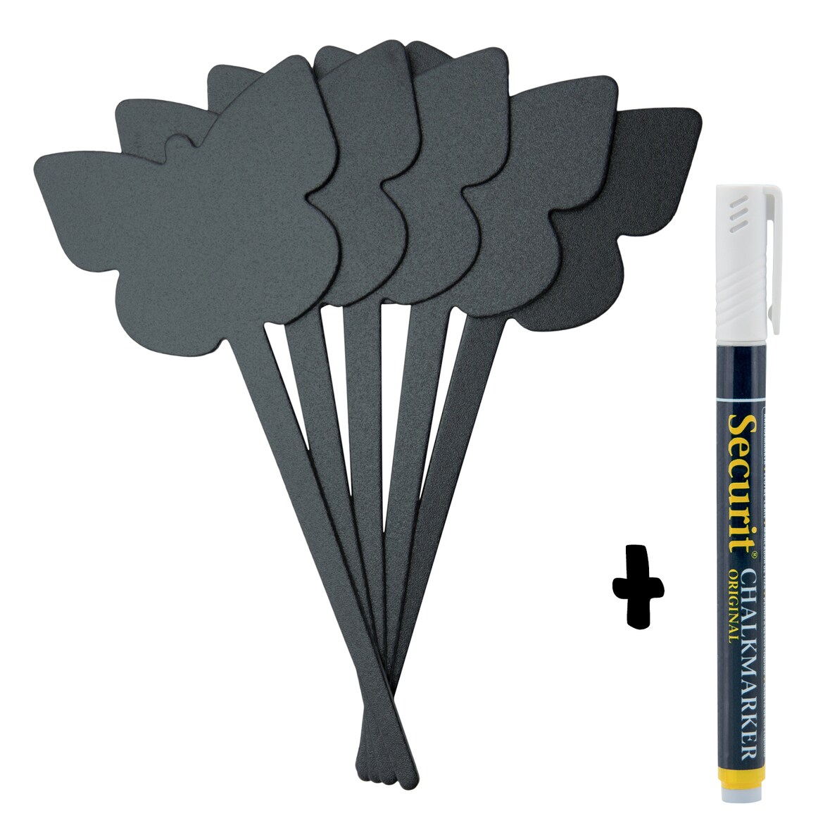 Securit® Silhouette Schmetterling Tafelanhänger – schwarz – inkl. Kreidemarker – Set von 5