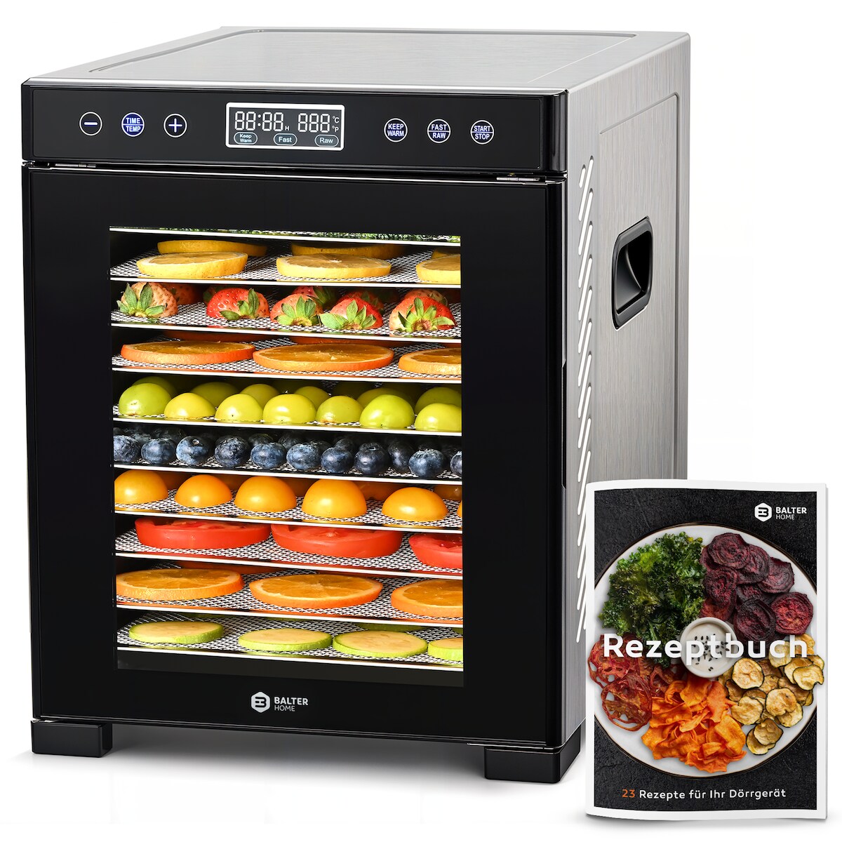 Balter Dörrautomat Edelstahl, Dörrgerät mit 10 Einlegefächern, BPA-frei, 35°- 75 °C, Timer, Dehydrator, Obsttrockner, Warmhaltefunktion, Rezeptbuch