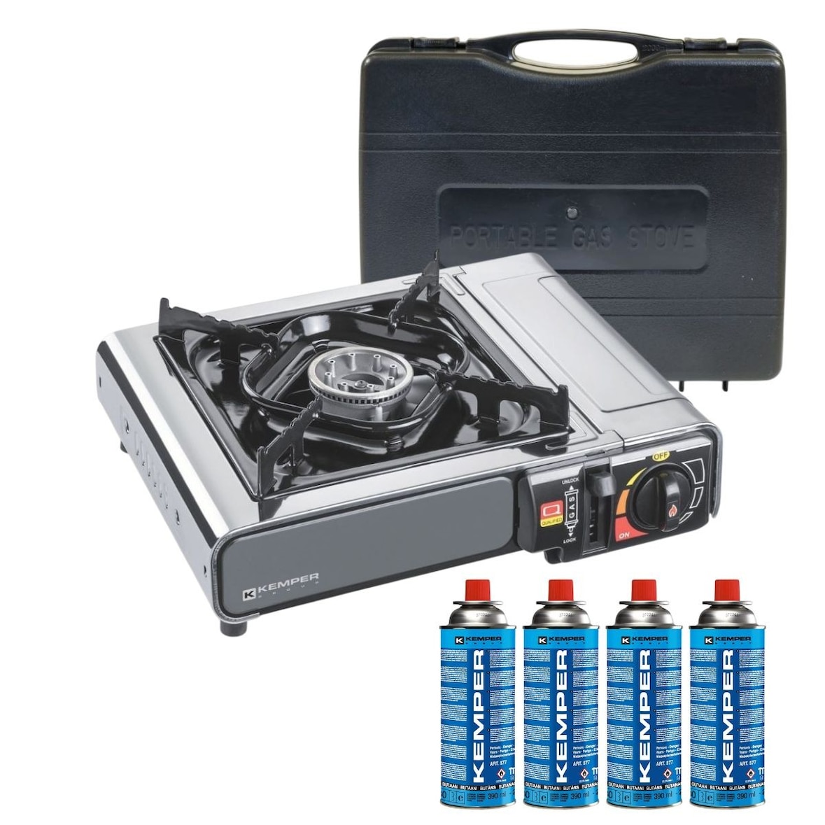 Réchaud à gaz portable 2200W INOX + 4 cartouches de gaz + Malette de transport Cuisson Extérieure Camping Van Trek KEMPER