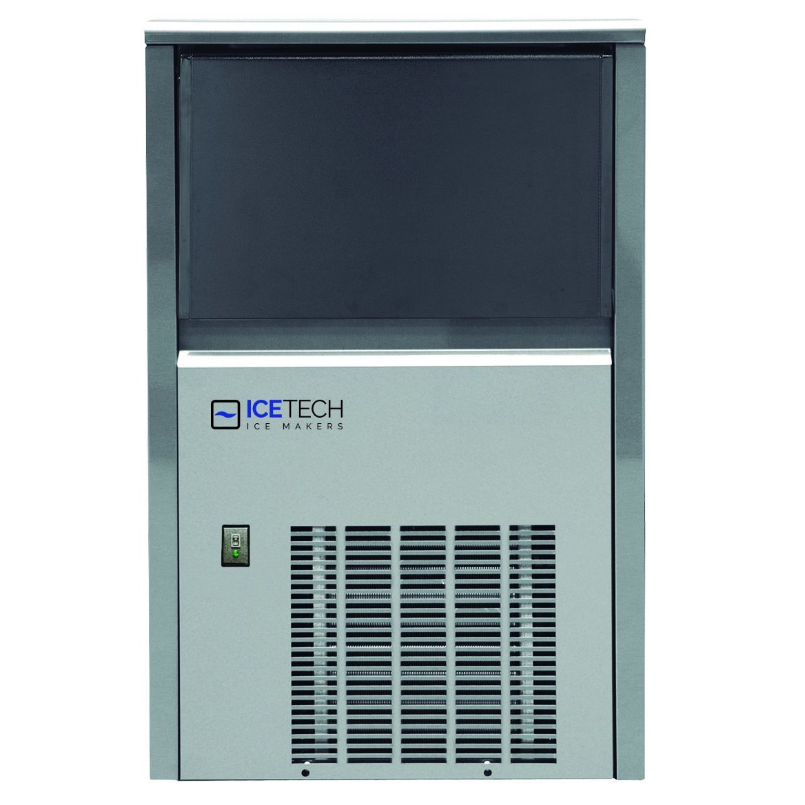 Produttore di ghiaccio 25 kg cubetto pieno small da 14 gr. Deposito 6 kg. Carrozzeria inox. Condensazione aria o acqua. ICETECH SS25
