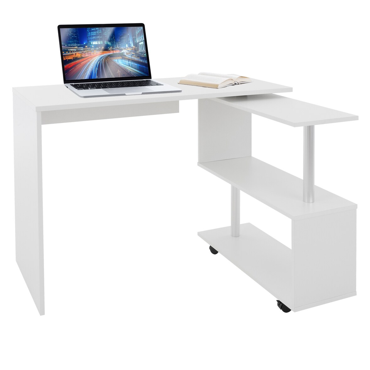 ML-Design Eckschreibtisch Weiß Hochglanz, 150x88x75 cm, L-Form Schreibtisch mit drehbarer Winkelkombination & 4 Rollen, Arbeitstisch für Home Office