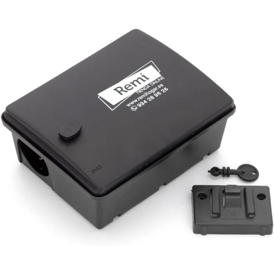 Remi Hogar Trampa para Ratas | Caja Portacebos para Ratas EVO | Llave de Apertura, Varilla de Metal y Soporte para Fijar en Paredes o Postes