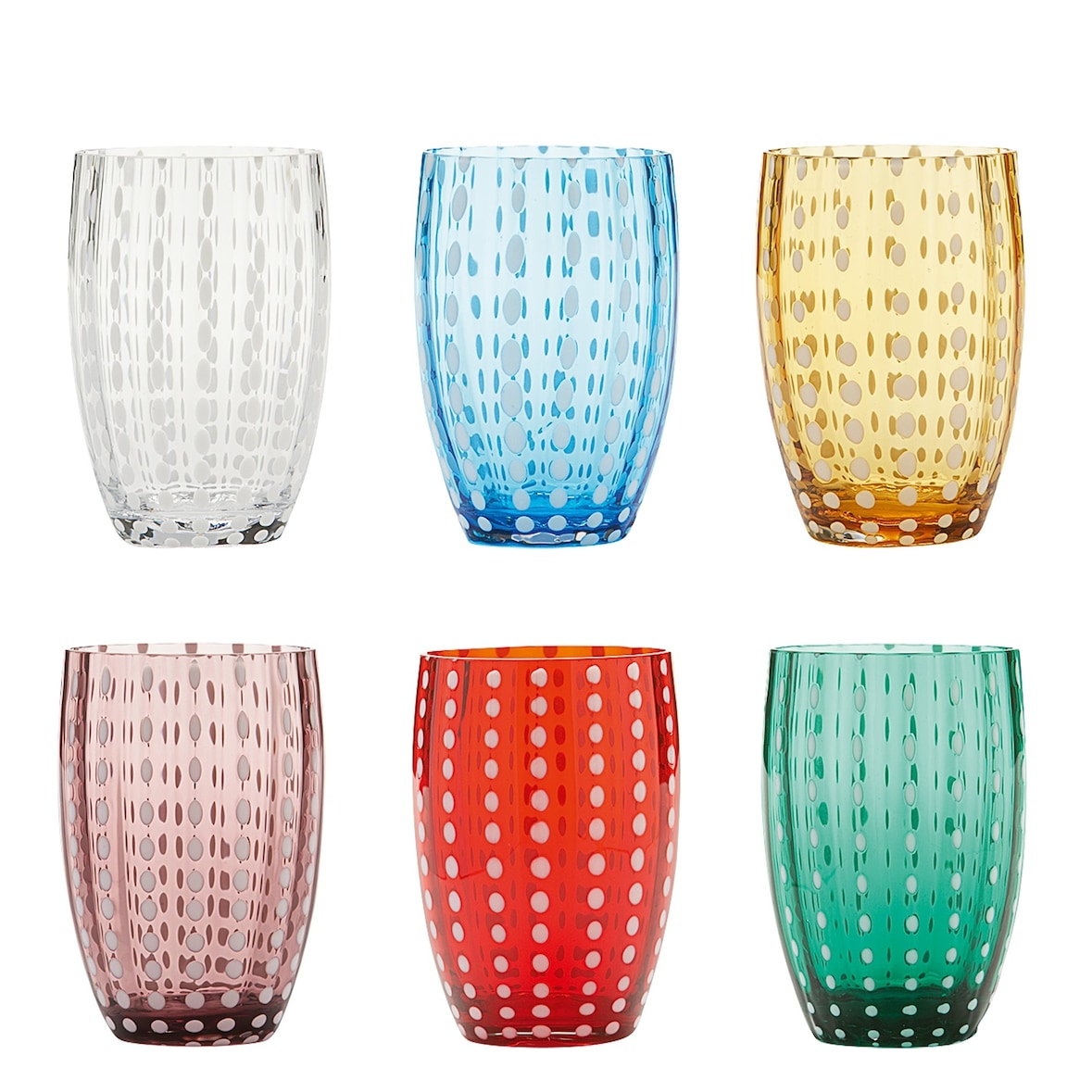 Zafferano Perle Glas gemengde kleuren 2 - Mondgeblazen gekleurd glas, 32 cl, handgemaakt - Set van 6 handgemaakte bekers voor water of cocktails