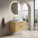 thumbnail of Schwebender Badezimmer-Waschtisch 62×90×46 cm mit ovalem Waschbecken aus Keramik und Travertin-Sintersteinplatte in Beige+Eiche+Weiß
