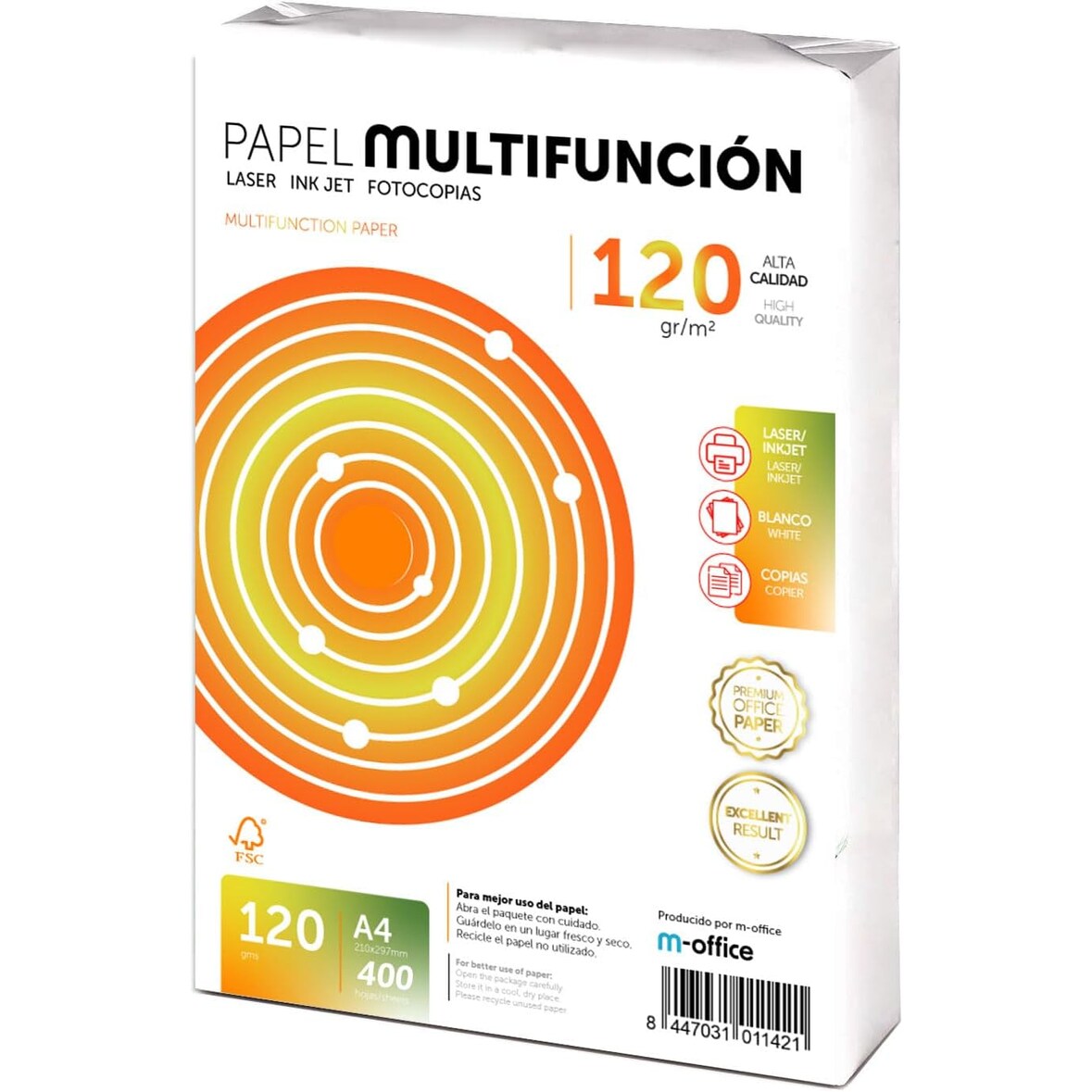 Folios A4 120gr 400 hojas, Papel Multiusos para Impresora, Folios para Impresoras Laser y de Inyección, Fotocopiadora, Fax, Paquete folios. m-office