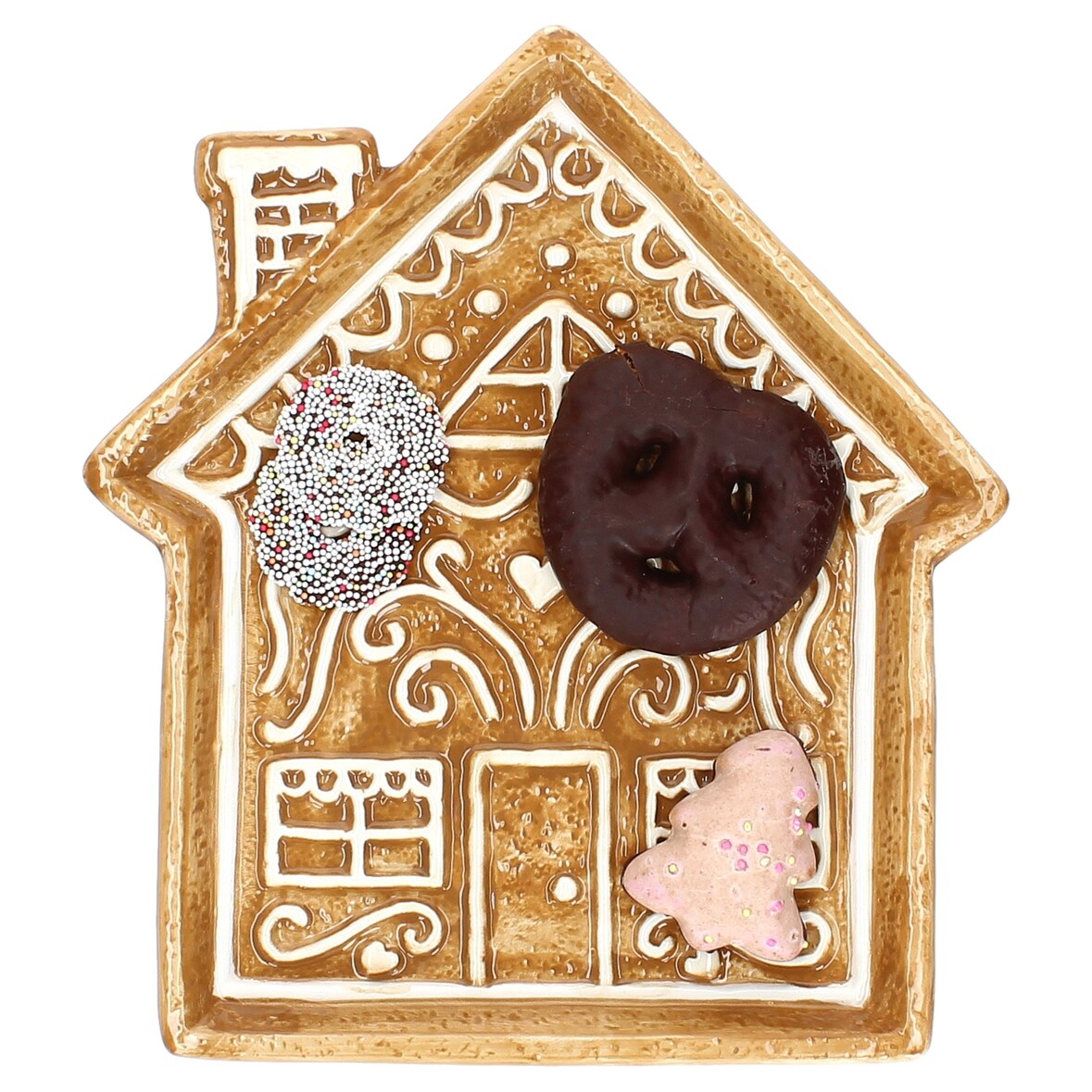 Lebkuchenhaus Teller mit Schornstein Steingut hellbraun Servier-Platte Kekse