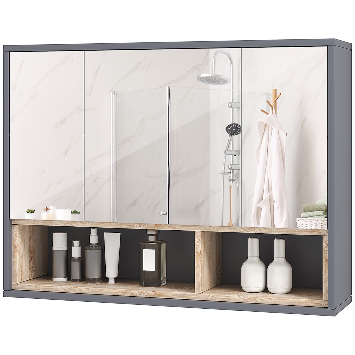 HOMCOM Specchiera Bagno a 3 Ante con Armadietto 80x20x60 cm Grigio