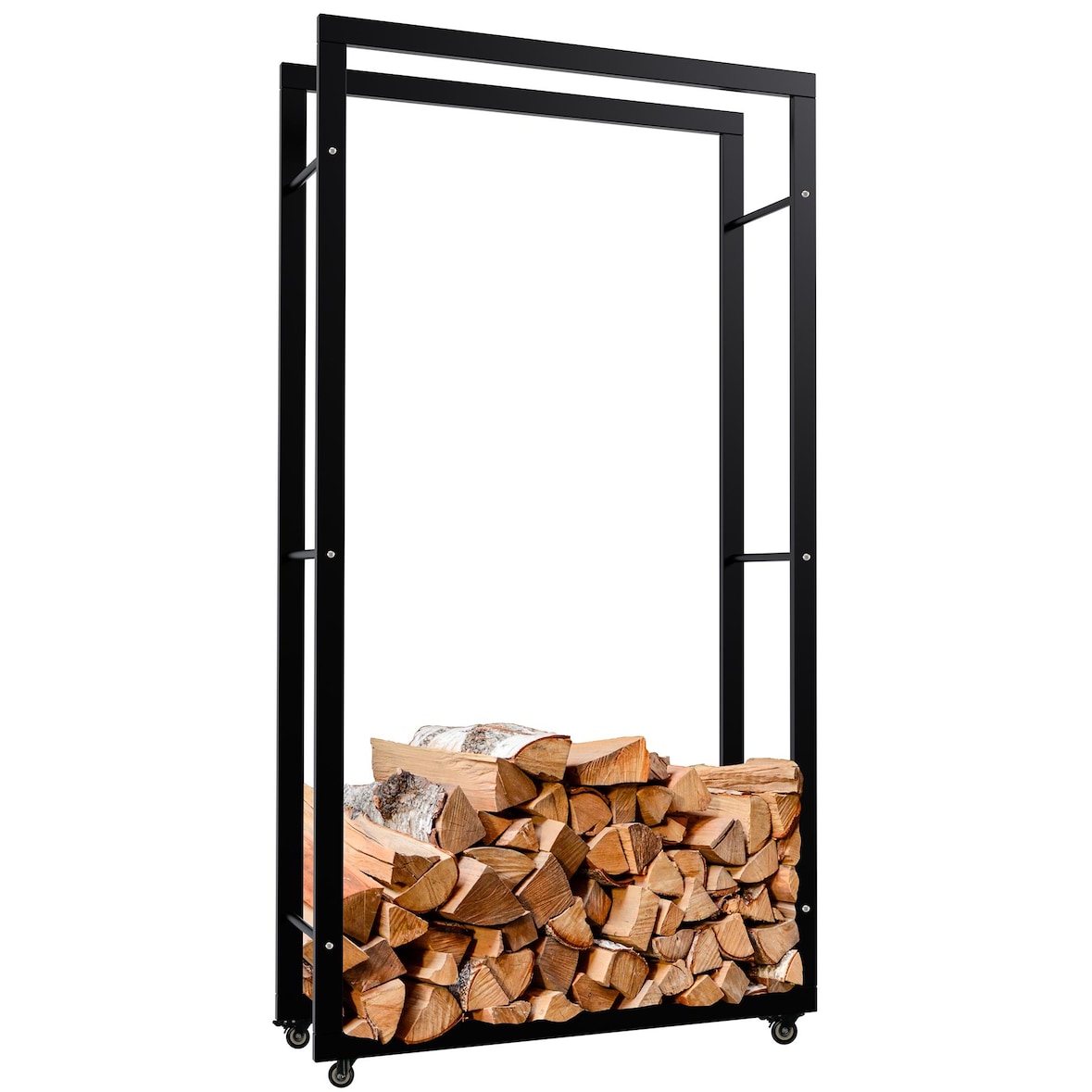 DELUKE® Kaminholzregal innen Metall SATLO mit Rollen Brennholzregal innen Kaminholzständer Kaminholzhalter Feuerholzregal Schwarz, 25x80x150cm