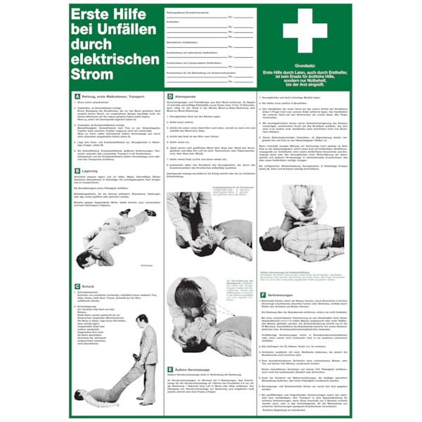 Aushang - Erste Hilfe bei Unfällen durch elektrischen Strom - klassische Darstellung - 410x595x1.5 mm Kunststoff
