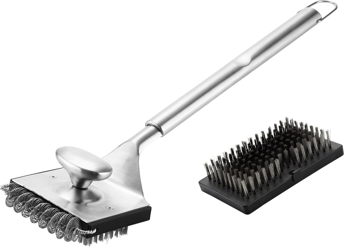 METRO Professional Spazzola per griglie, acciaio inox/polipropilene, 47 x 12.9 x 8.8 cm, anello portaoggetti, incl. spazzola di ricambio, argento/nero