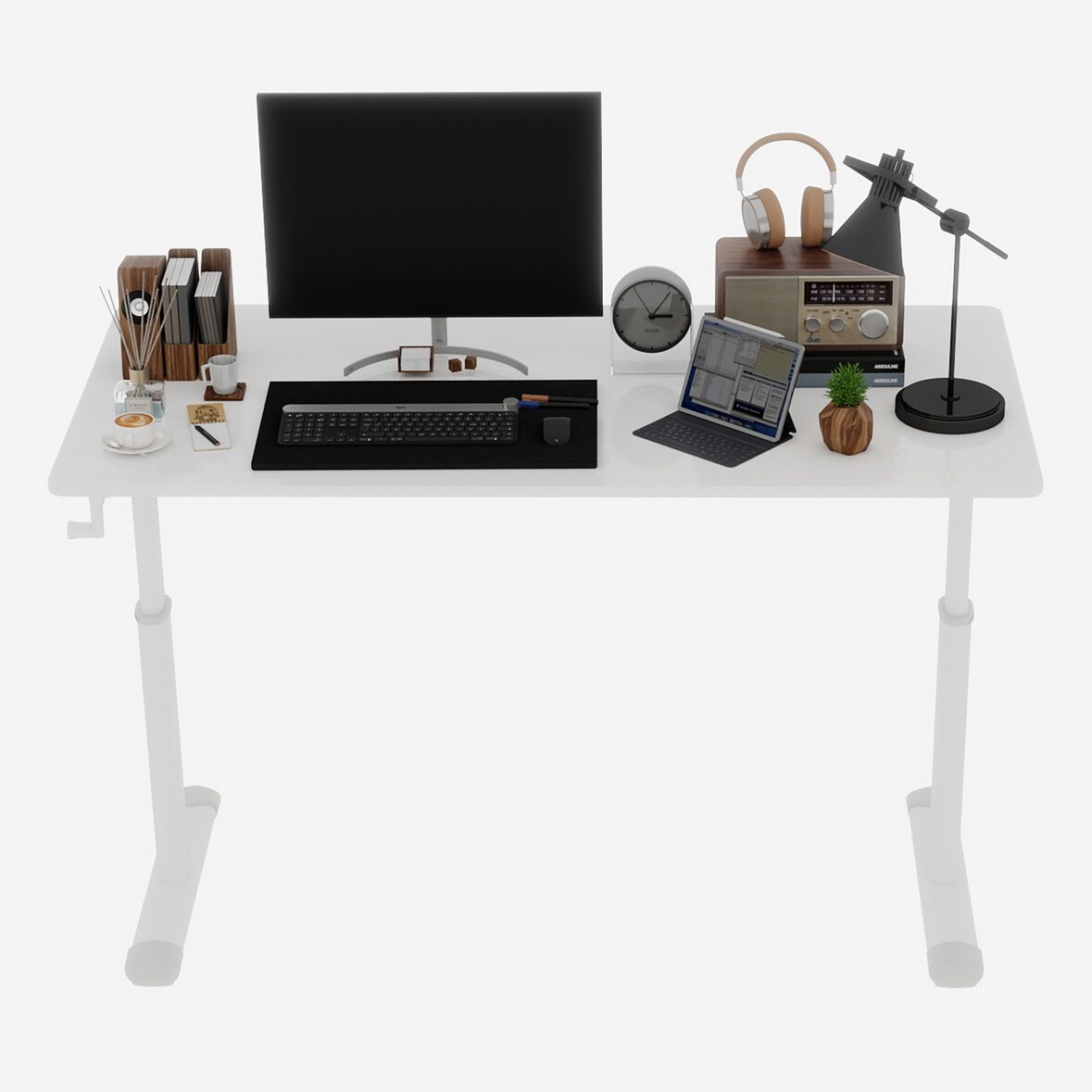 Schreibtisch höhenverstellbar 90x120x60 cm mit Handkurbel, Doppelständer stabil, minimalistisches Design für Homeoffice, Weiß