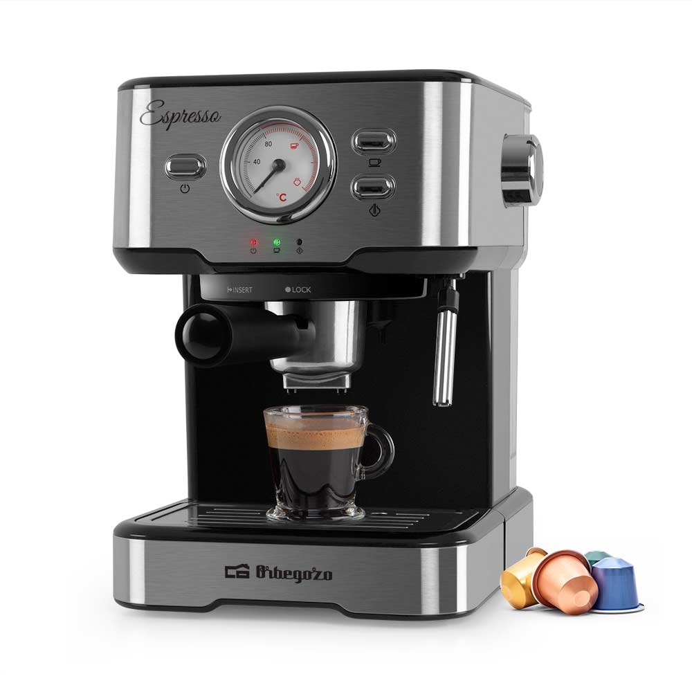 Orbegozo cafetera espresso y cappuccino EX 5500, 20 bar de presión, termómetro, depósito extraíble 1,5 L, vaporizador, 1100 W