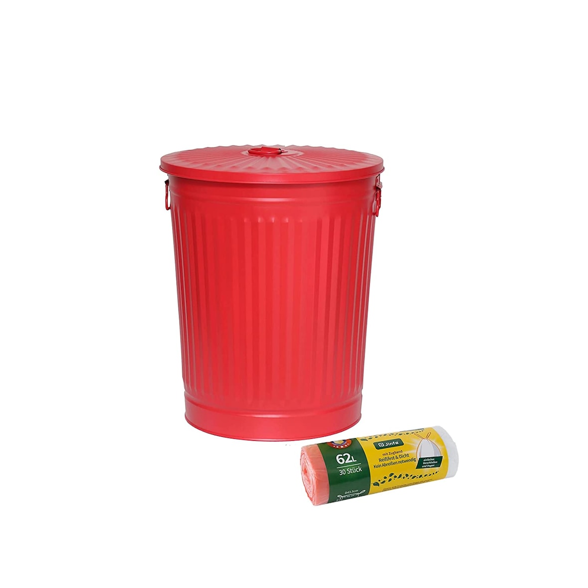 Jinfa 1 Retrodesign Metalleimer mit Griffen und Deckel + 30 Müllbeutel | Rot | 62L
