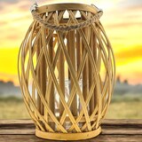 thumbnail of Houten windlicht van bamboe met een handvat van touw - 30 x 24 x 24 cm