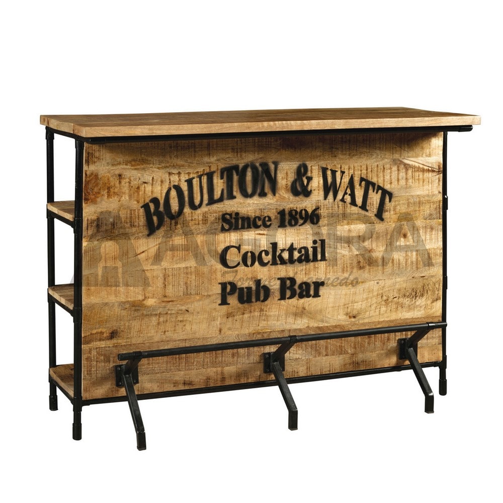 Balcão de Bar Boulton em madeira maciça e ferro - 144x55x107cm
