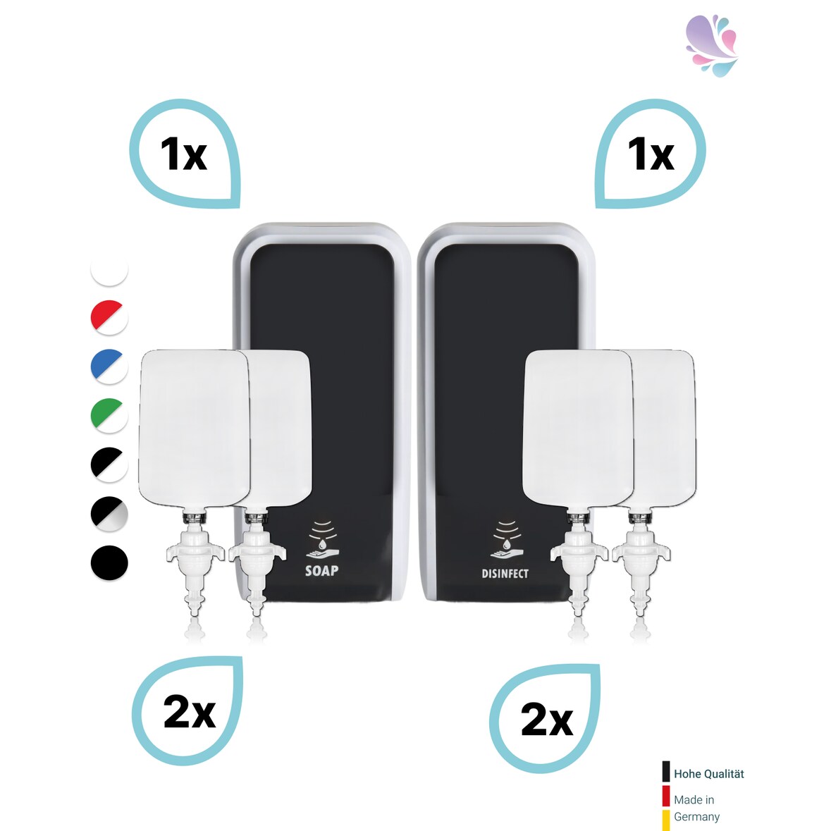 KOMPLETT-SET HANDHYGIENE SENSOR: Desinfektionsspender SENSOR + 2 Kartuschen & Schaumseifenspender SENSOR + 2 Kartuschen