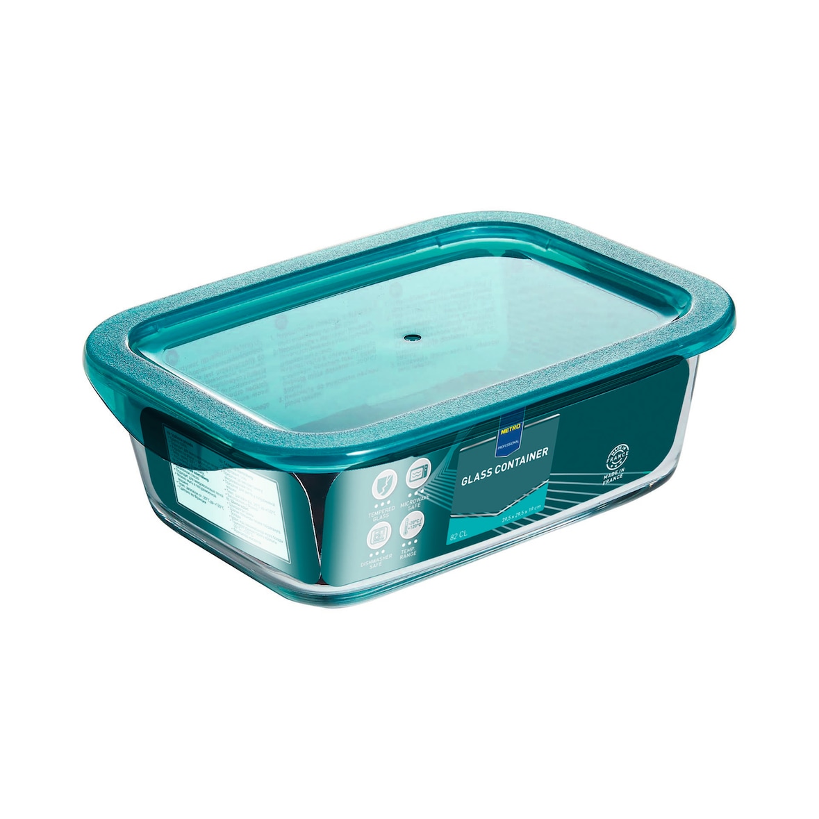 METRO Professional Recipiente de cristal, 190 mm, 82 cl, rectangular, con tapa de plástico, turquesa