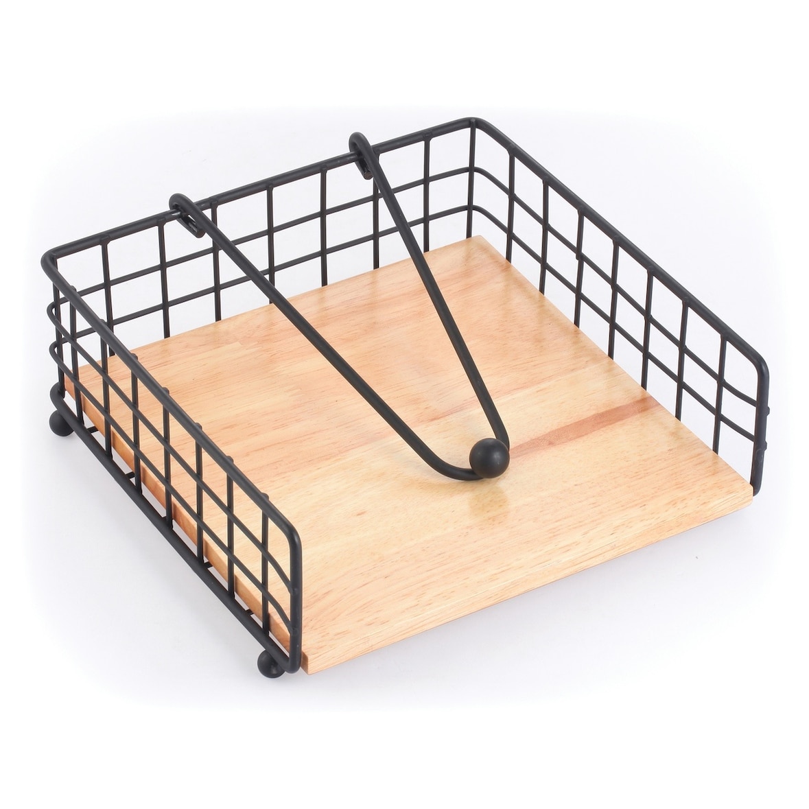 WellHome - Servethouder van metaal en bamboe in zwart 19x19x7 cm - A-mesa
